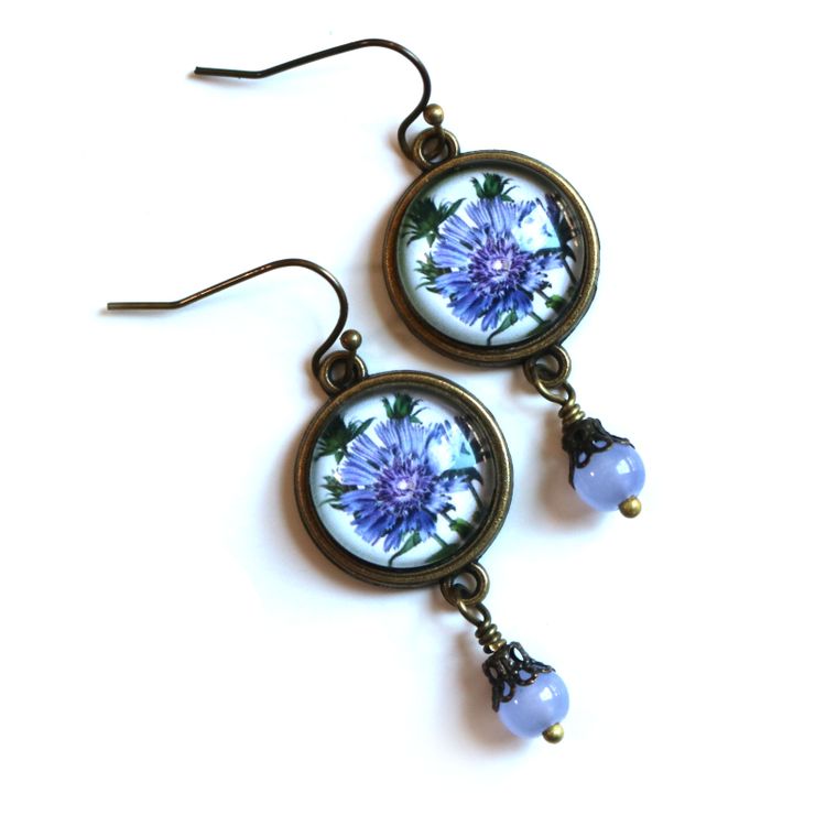 Purple Aster Wildflower Dangle Earrings With Bead